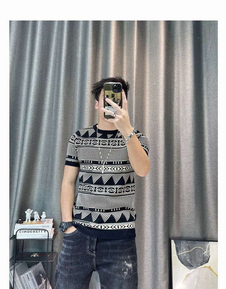 Korean Slim Bottomed Shirt Thick O-Neck Stripe Short Sleeve T-shirt Streetwear Knitted Sweater Top Quality Male Knit Tshirt Tee