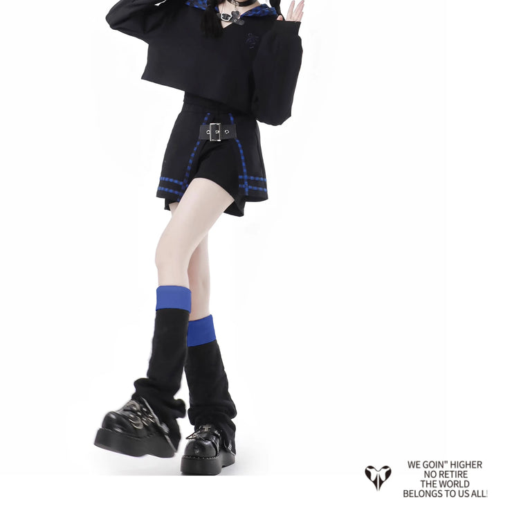 Early Autumn New Gothic Street Y2K Outfits Harajuku Blue Plaid Splicing Hooded Oversized Hoodie A-line Skirt Two-piece Set Women