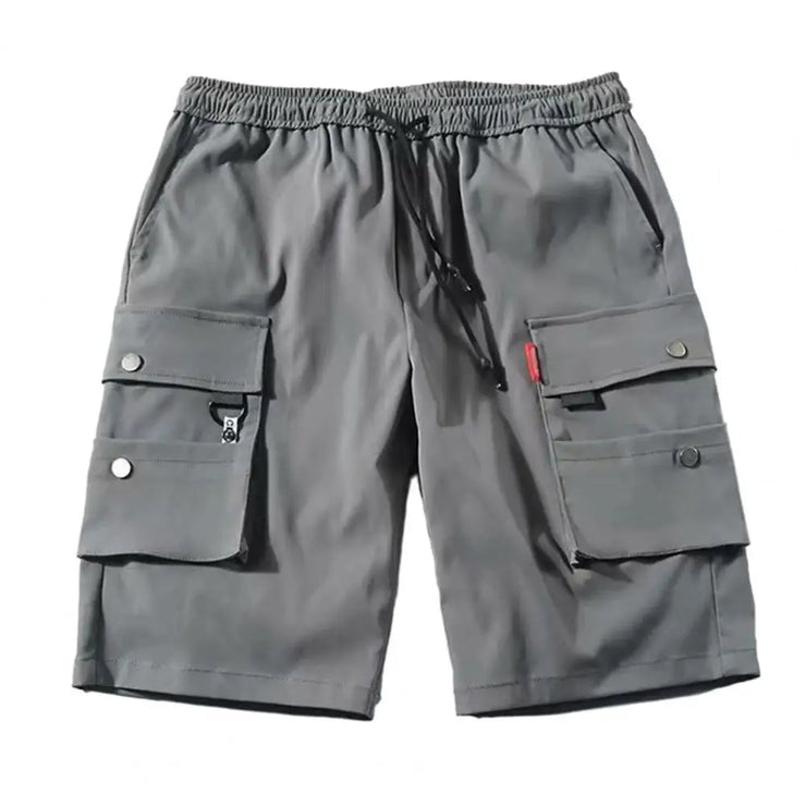 Men Summer Shorts Elastic Waistband Drawstring Shorts Multi Pockets Straight Wide Leg Mid-rise Sport Cargo Shorts Streetwear