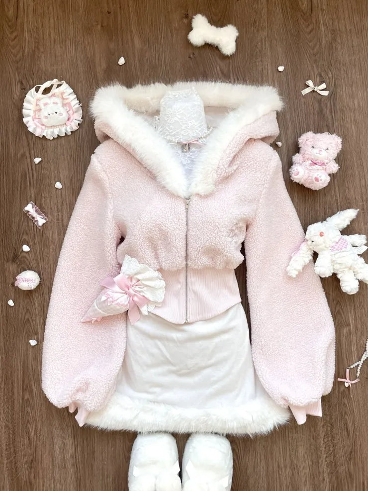 Sweet Fur Hoodie Long Sleeve Zipper Coat Mujer+ Yt2k Slim Fit Hoodie Dress for Women Spring Autumn New Two Piece Sets