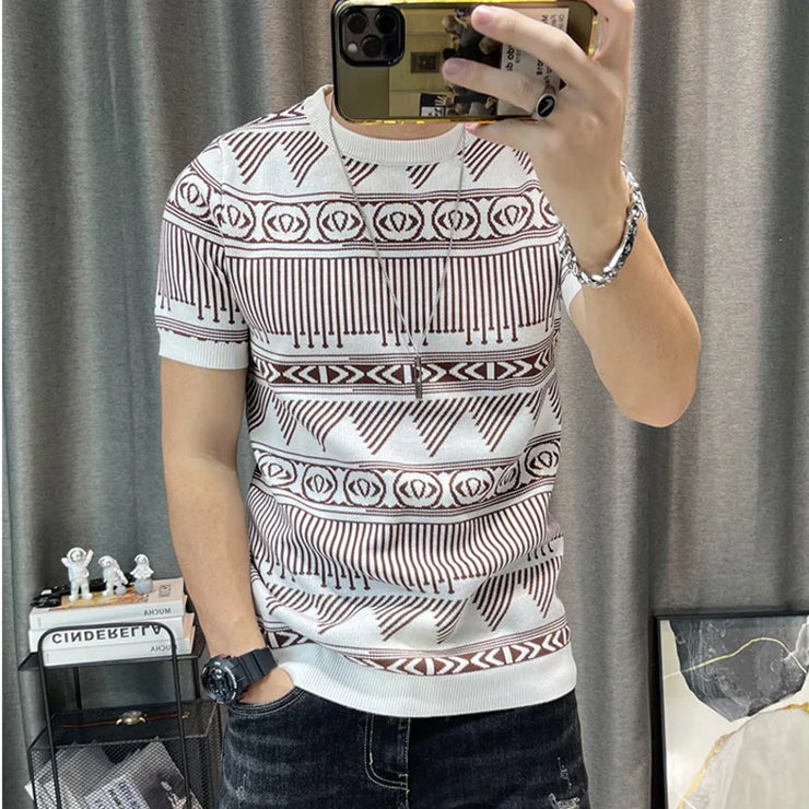 Korean Slim Bottomed Shirt Thick O-Neck Stripe Short Sleeve T-shirt Streetwear Knitted Sweater Top Quality Male Knit Tshirt Tee