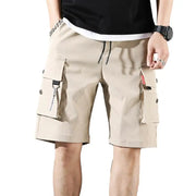 Men Summer Shorts Elastic Waistband Drawstring Shorts Multi Pockets Straight Wide Leg Mid-rise Sport Cargo Shorts Streetwear