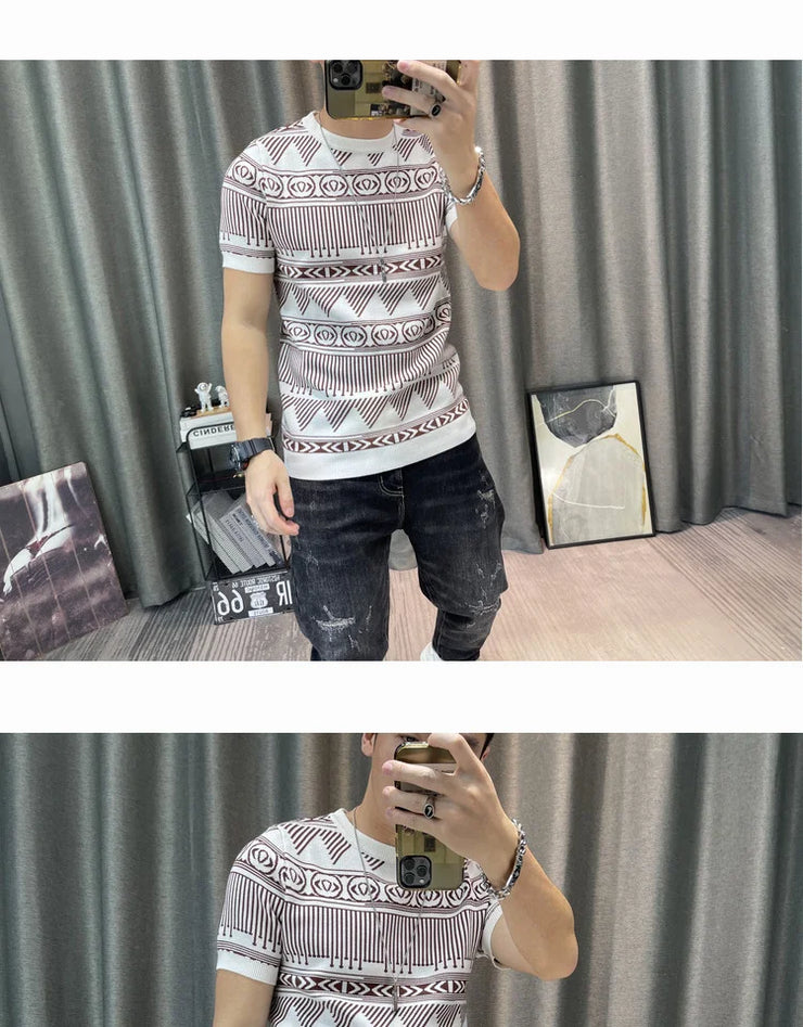 Korean Slim Bottomed Shirt Thick O-Neck Stripe Short Sleeve T-shirt Streetwear Knitted Sweater Top Quality Male Knit Tshirt Tee