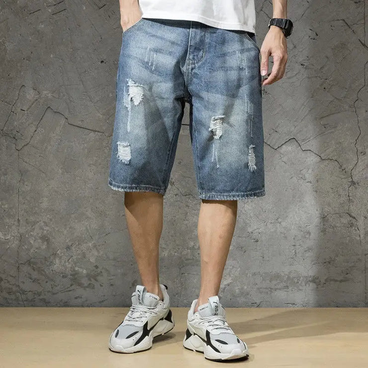 Short Jeans Pants for Men Ripped Cargo Baggy Loose Half Long Man Denim Shorts Bermuda Wide Original Jorts New in Luxury Popular