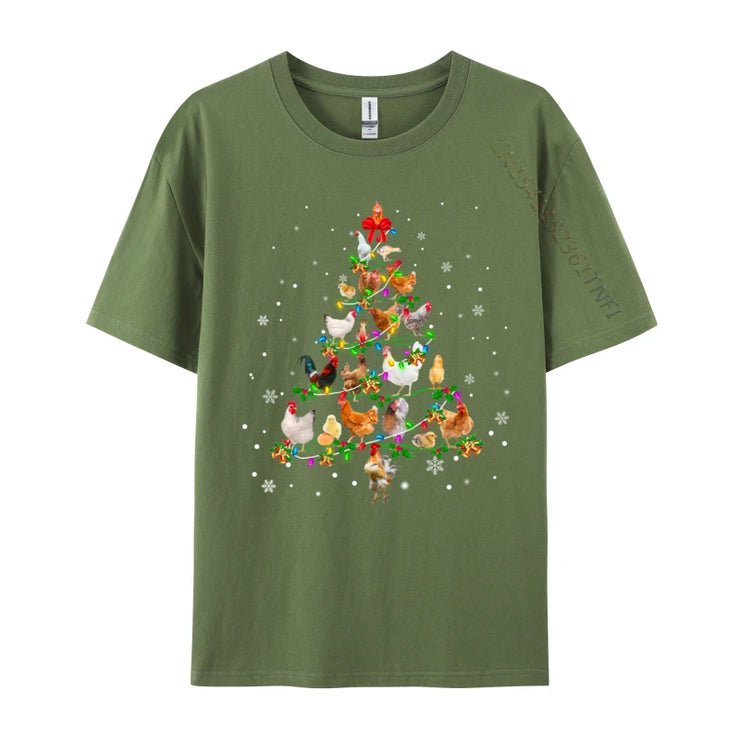 Chicken Christmas Tree Ornament Decor Xmas T-Shirt Male Fashionable Tops & Tees Round Neck Cotton Fabric Normal