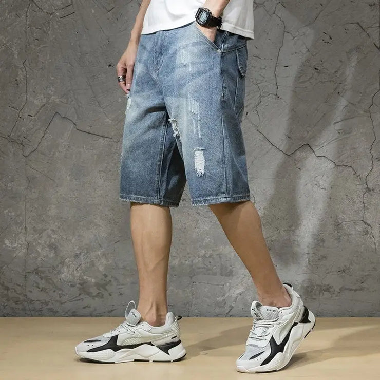 Short Jeans Pants for Men Ripped Cargo Baggy Loose Half Long Man Denim Shorts Bermuda Wide Original Jorts New in Luxury Popular