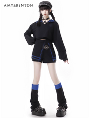 Early Autumn New Gothic Street Y2K Outfits Harajuku Blue Plaid Splicing Hooded Oversized Hoodie A-line Skirt Two-piece Set Women