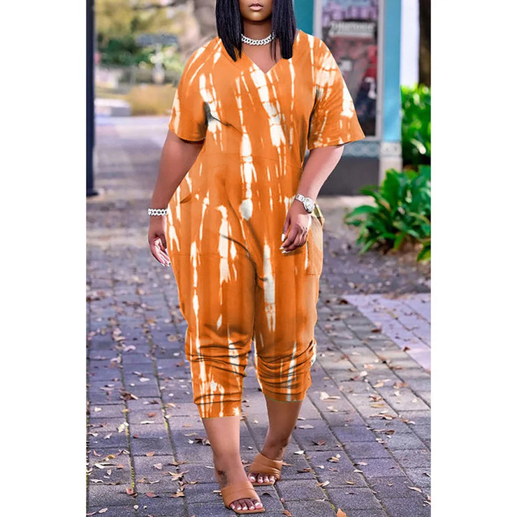 Orange Tie Dye Short Sleeves V Neck Jumpsuit