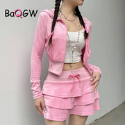 Sweet Korean Style Pink Zipper Hoodie and Tiered Mini Skirt Two Piece Set Women Sweet Y2K A-line Skirts Sweatshirts Suit Autumn