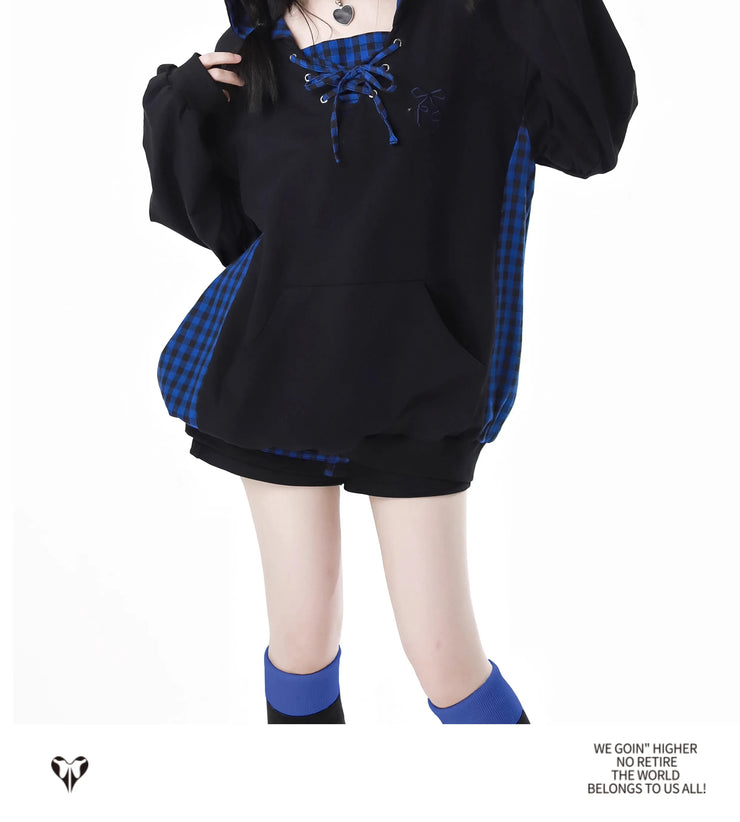 Early Autumn New Gothic Street Y2K Outfits Harajuku Blue Plaid Splicing Hooded Oversized Hoodie A-line Skirt Two-piece Set Women