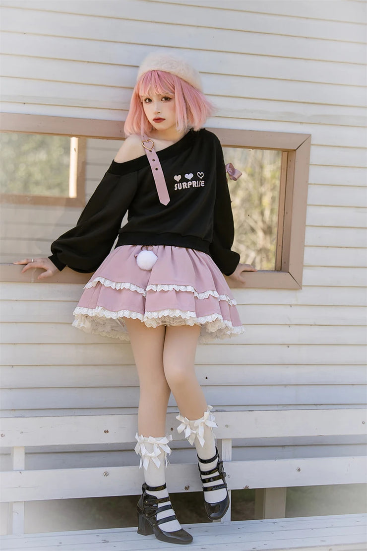 Spring Chic Gothic Skirt Sets Japan Girls Sweet Lolita Cute Heart Black Off Shoulder Hoodies Mini Skirts Suit Women 2 Piece Set