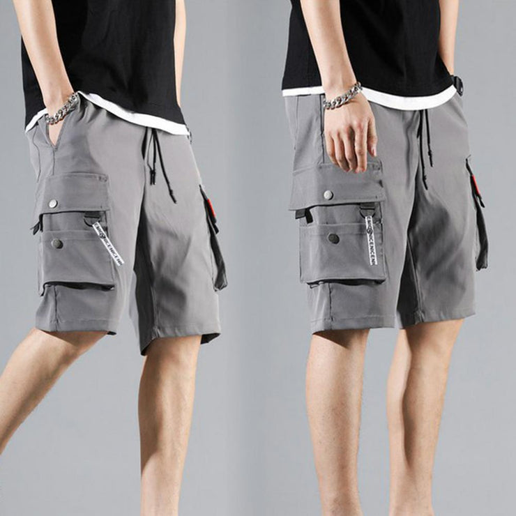 Men Summer Shorts Elastic Waistband Drawstring Shorts Multi Pockets Straight Wide Leg Mid-rise Sport Cargo Shorts Streetwear