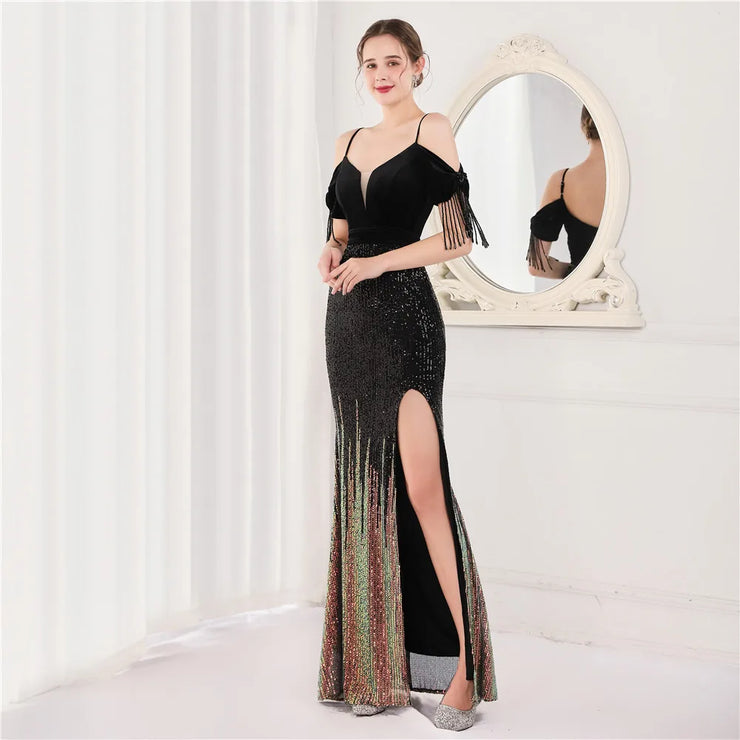 Elegant Formal Sequin Glitter Beaded Long Dress