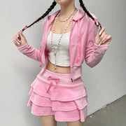 Sweet Korean Style Pink Zipper Hoodie and Tiered Mini Skirt Two Piece Set Women Sweet Y2K A-line Skirts Sweatshirts Suit Autumn