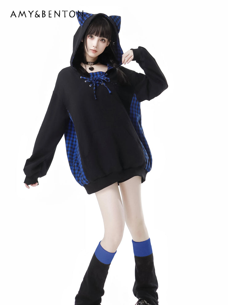 Early Autumn New Gothic Street Y2K Outfits Harajuku Blue Plaid Splicing Hooded Oversized Hoodie A-line Skirt Two-piece Set Women