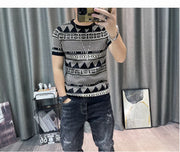 Korean Slim Bottomed Shirt Thick O-Neck Stripe Short Sleeve T-shirt Streetwear Knitted Sweater Top Quality Male Knit Tshirt Tee