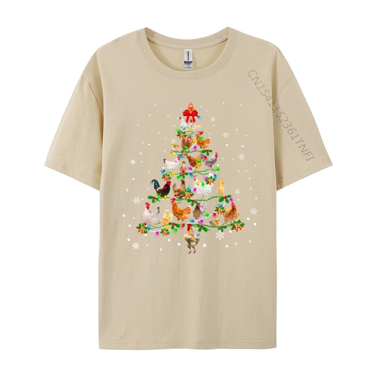 Chicken Christmas Tree Ornament Decor Xmas T-Shirt Male Fashionable Tops & Tees Round Neck Cotton Fabric Normal