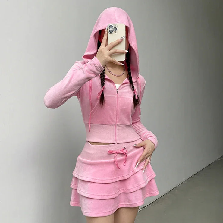 Sweet Korean Style Pink Zipper Hoodie and Tiered Mini Skirt Two Piece Set Women Sweet Y2K A-line Skirts Sweatshirts Suit Autumn