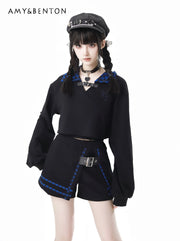 Early Autumn New Gothic Street Y2K Outfits Harajuku Blue Plaid Splicing Hooded Oversized Hoodie A-line Skirt Two-piece Set Women