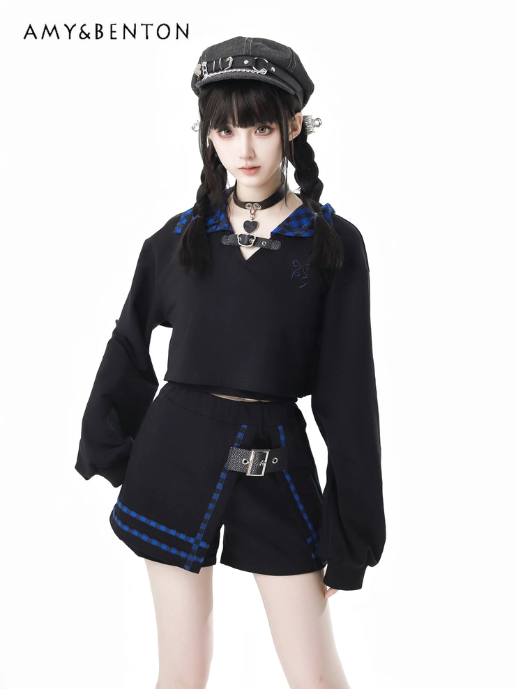 Early Autumn New Gothic Street Y2K Outfits Harajuku Blue Plaid Splicing Hooded Oversized Hoodie A-line Skirt Two-piece Set Women