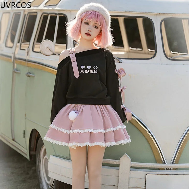 Spring Chic Gothic Skirt Sets Japan Girls Sweet Lolita Cute Heart Black Off Shoulder Hoodies Mini Skirts Suit Women 2 Piece Set