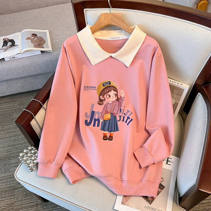 170Kg Plus Size Women's Bust 170 Spring Autumn Loose Lapel Sweatshirt Printed Top Black Pink 5XL 6XL 7XL 8XL 9XL 10XL