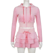 Sweet Korean Style Pink Zipper Hoodie and Tiered Mini Skirt Two Piece Set Women Sweet Y2K A-line Skirts Sweatshirts Suit Autumn