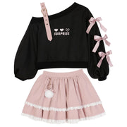 Spring Chic Gothic Skirt Sets Japan Girls Sweet Lolita Cute Heart Black Off Shoulder Hoodies Mini Skirts Suit Women 2 Piece Set