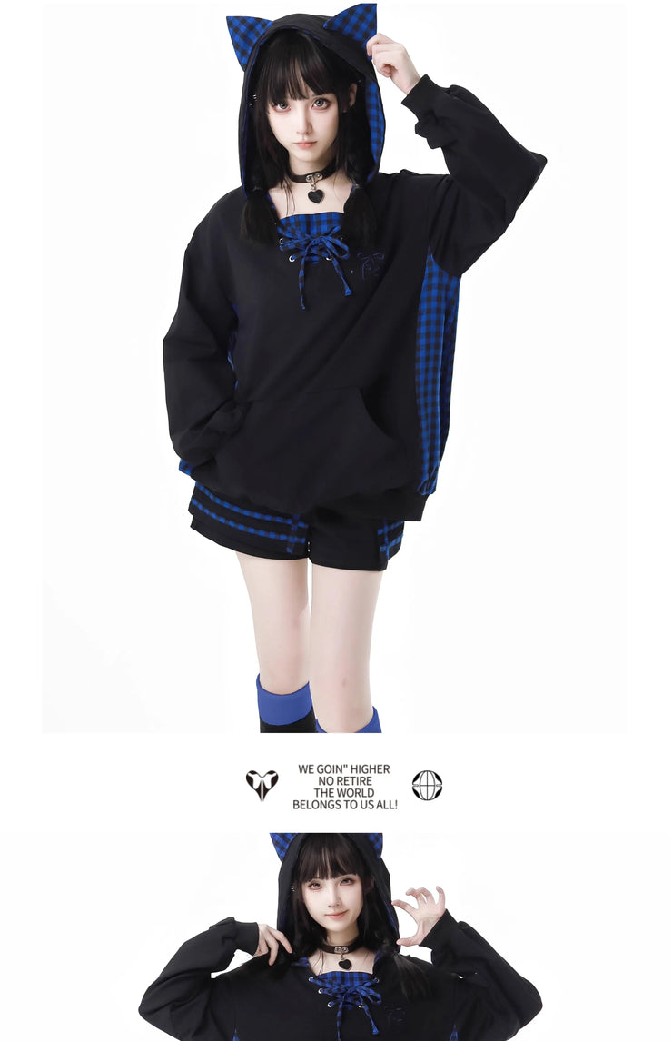 Early Autumn New Gothic Street Y2K Outfits Harajuku Blue Plaid Splicing Hooded Oversized Hoodie A-line Skirt Two-piece Set Women