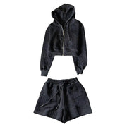 2 Pcs/Set Women Hoodie Shorts Suit Hooded Zip-up Long Sleeves Short Coat Elastic High Waist Trousers Sport Fall Winter Tracksuit