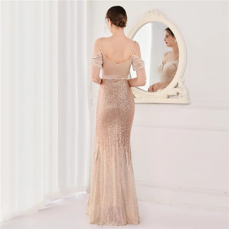 Elegant Formal Sequin Glitter Beaded Long Dress