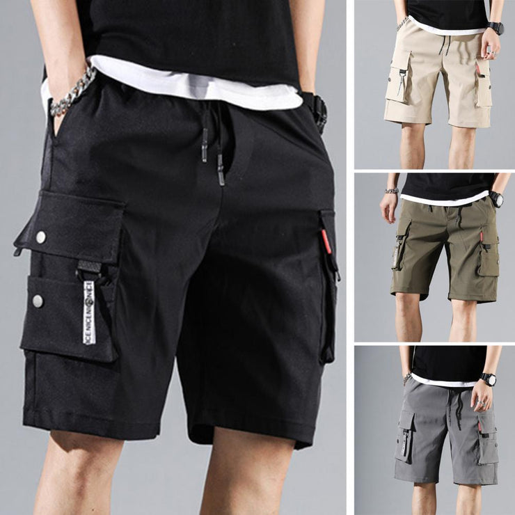 Men Summer Shorts Elastic Waistband Drawstring Shorts Multi Pockets Straight Wide Leg Mid-rise Sport Cargo Shorts Streetwear