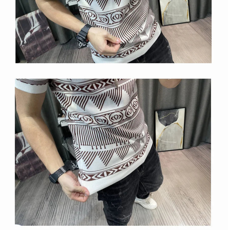 Korean Slim Bottomed Shirt Thick O-Neck Stripe Short Sleeve T-shirt Streetwear Knitted Sweater Top Quality Male Knit Tshirt Tee