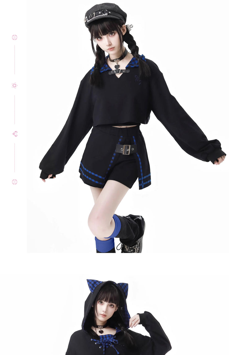 Early Autumn New Gothic Street Y2K Outfits Harajuku Blue Plaid Splicing Hooded Oversized Hoodie A-line Skirt Two-piece Set Women