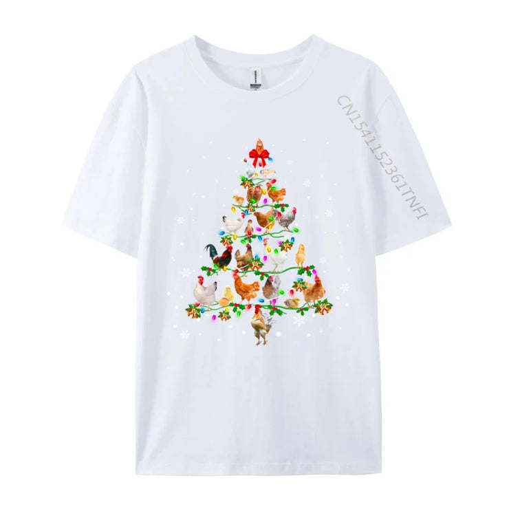 Chicken Christmas Tree Ornament Decor Xmas T-Shirt Male Fashionable Tops & Tees Round Neck Cotton Fabric Normal