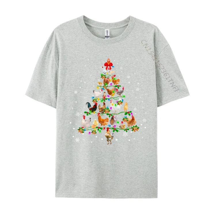 Chicken Christmas Tree Ornament Decor Xmas T-Shirt Male Fashionable Tops & Tees Round Neck Cotton Fabric Normal