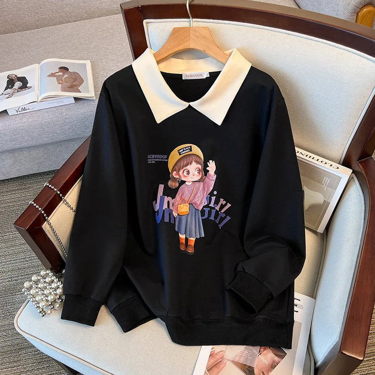 170Kg Plus Size Women's Bust 170 Spring Autumn Loose Lapel Sweatshirt Printed Top Black Pink 5XL 6XL 7XL 8XL 9XL 10XL