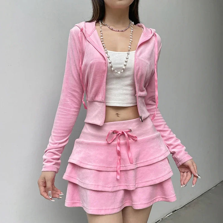 Sweet Korean Style Pink Zipper Hoodie and Tiered Mini Skirt Two Piece Set Women Sweet Y2K A-line Skirts Sweatshirts Suit Autumn