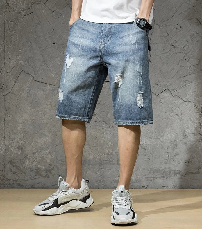 Short Jeans Pants for Men Ripped Cargo Baggy Loose Half Long Man Denim Shorts Bermuda Wide Original Jorts New in Luxury Popular