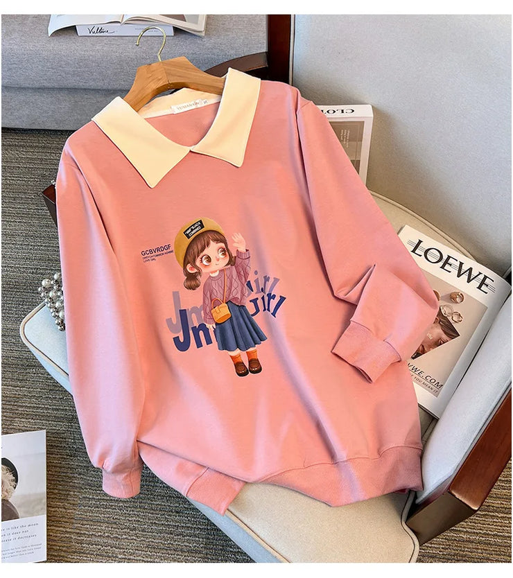 170Kg Plus Size Women's Bust 170 Spring Autumn Loose Lapel Sweatshirt Printed Top Black Pink 5XL 6XL 7XL 8XL 9XL 10XL