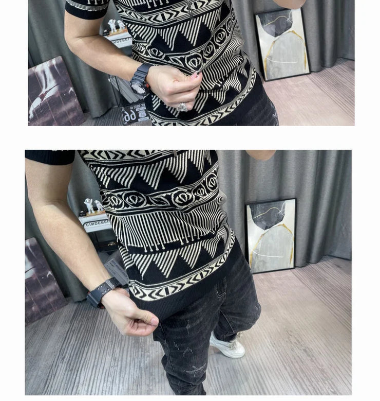 Korean Slim Bottomed Shirt Thick O-Neck Stripe Short Sleeve T-shirt Streetwear Knitted Sweater Top Quality Male Knit Tshirt Tee