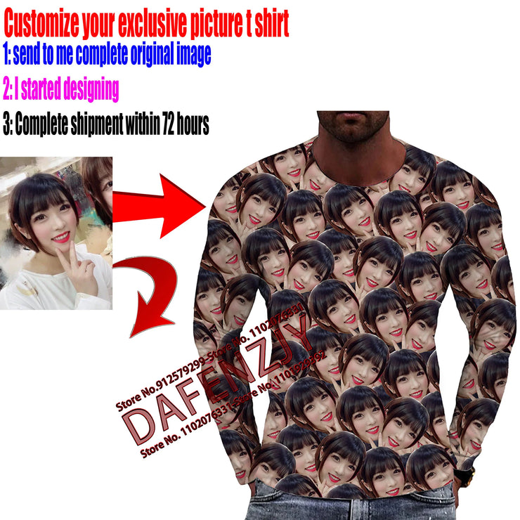 Trend Retro Custom Your Profile Picture Photo 3d Print T Shirt Short Sleeve Harajuku Tshirt Male T-shirt Customized Long Sleeve