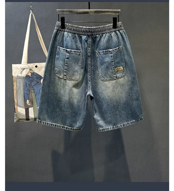 Washed Blue Summer Denim Shorts Men Retro Shorts Mens Japanese Streetwear Hip Hop Loose Straight Jeans Shorts Male Clothing M-5X