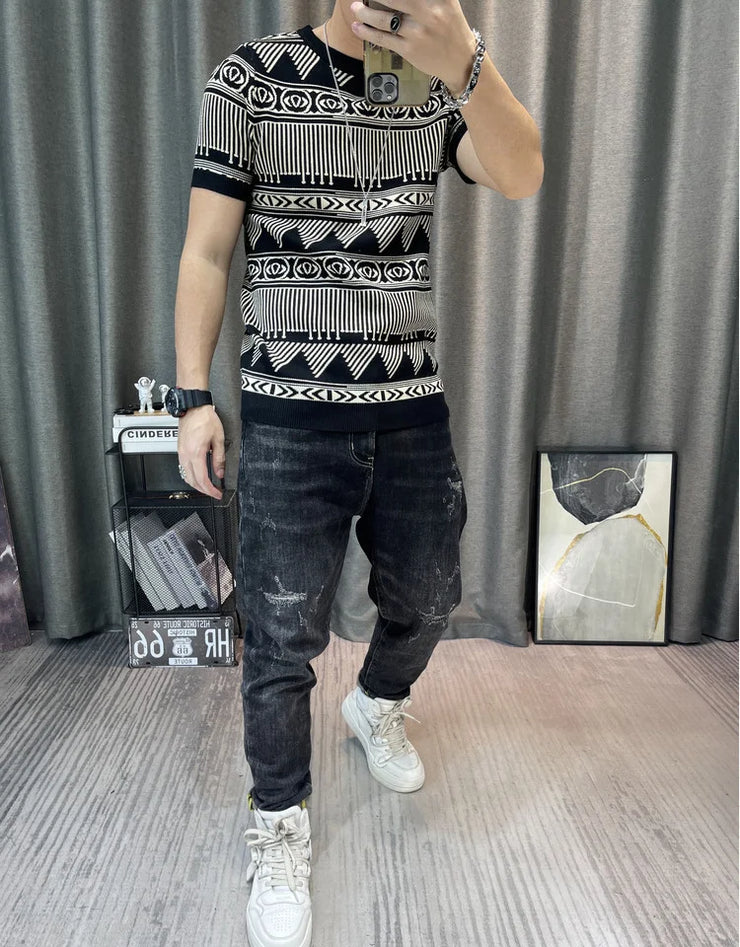 Korean Slim Bottomed Shirt Thick O-Neck Stripe Short Sleeve T-shirt Streetwear Knitted Sweater Top Quality Male Knit Tshirt Tee