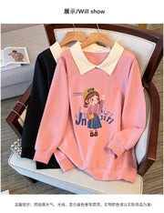 170Kg Plus Size Women's Bust 170 Spring Autumn Loose Lapel Sweatshirt Printed Top Black Pink 5XL 6XL 7XL 8XL 9XL 10XL