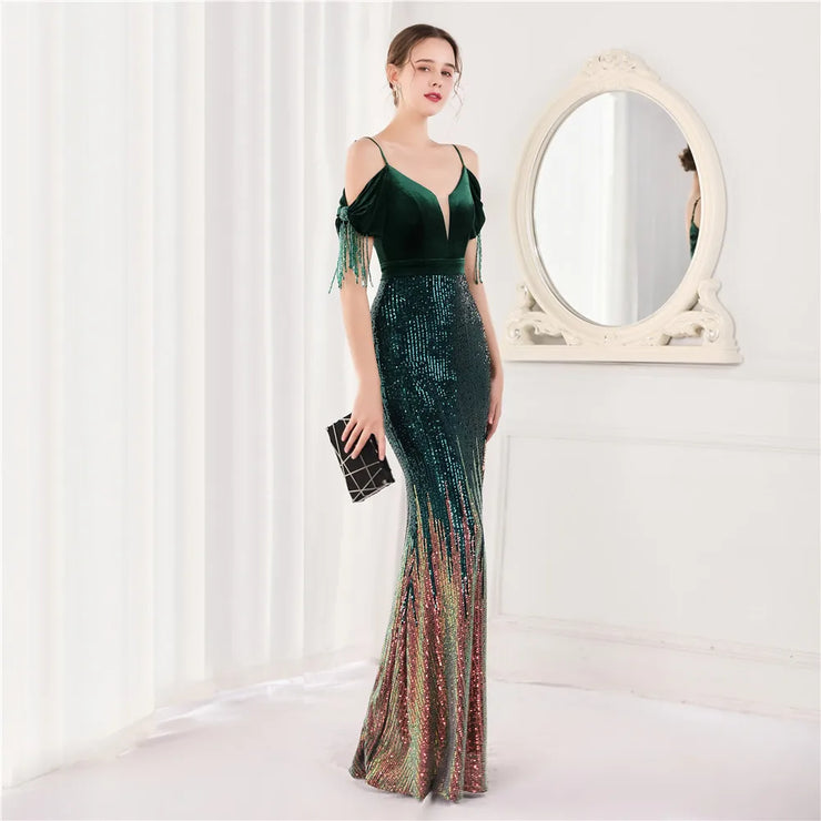 Elegant Formal Sequin Glitter Beaded Long Dress