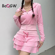 Sweet Korean Style Pink Zipper Hoodie and Tiered Mini Skirt Two Piece Set Women Sweet Y2K A-line Skirts Sweatshirts Suit Autumn