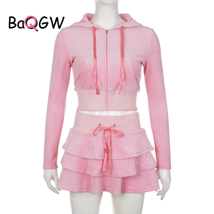 Sweet Korean Style Pink Zipper Hoodie and Tiered Mini Skirt Two Piece Set Women Sweet Y2K A-line Skirts Sweatshirts Suit Autumn