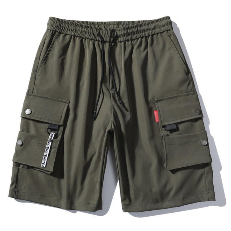 Men Summer Shorts Elastic Waistband Drawstring Shorts Multi Pockets Straight Wide Leg Mid-rise Sport Cargo Shorts Streetwear