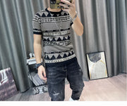 Korean Slim Bottomed Shirt Thick O-Neck Stripe Short Sleeve T-shirt Streetwear Knitted Sweater Top Quality Male Knit Tshirt Tee